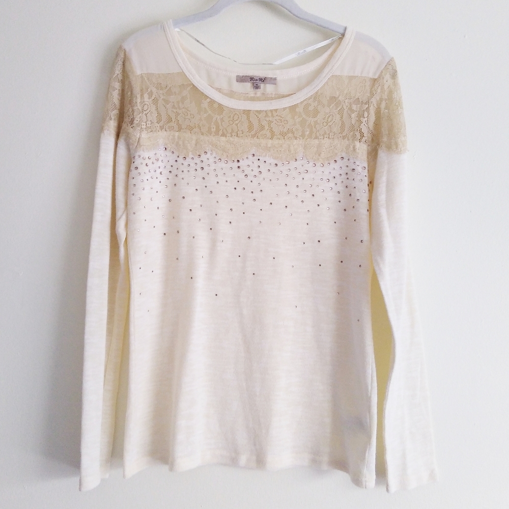 Miss Me sweater lace inset lightweight rhinestone